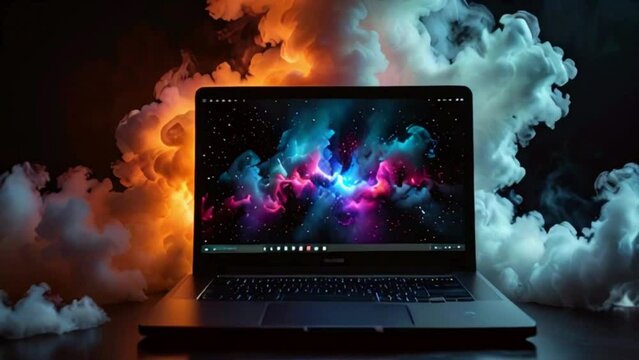 A laptop with a cracked screen is sitting on a table. The screen is black with a blue and purple cloud-like design in the center.