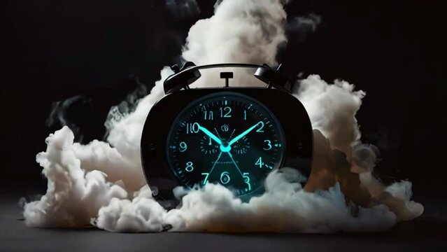 A black alarm clock with glowing blue numbers is sitting on a white cloud of smoke against a black background.