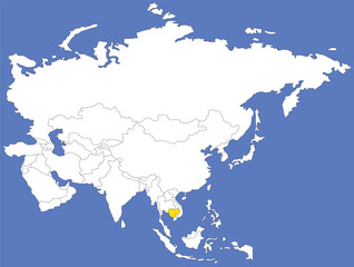 Highlighted yellow map of CAMBODIA inside white political map of Asia using orthographic projection on dark blue background