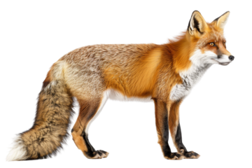 High-quality image of a red fox standing in profile, showcasing its detailed fur and natural appearance in a transparent background.