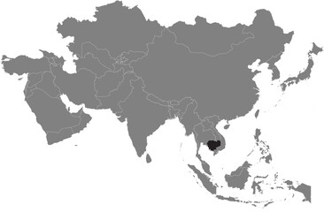 Highlighted black map of CAMBODIA inside dark grey detailed blank political map of Asia using orthographic projection on transparent background, without Russia