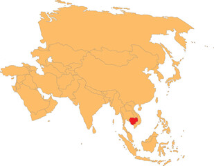Highlighted red map of CAMBODIA inside orange detailed political map of Asia using orthographic projection on transparent background