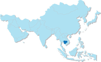 Highlighted blue map of CAMBODIA inside light blue 3D blank political map of Asia orthographic projection on transparent background, without Russia