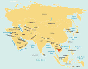 Highlighted red map of CAMBODIA inside orange detailed tagged map of Asia using orthographic projection on blue background