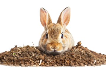 Cute brown rabbit peeking out from dirt pile. Fluffy bunny ears up and alert. Adorable pet animal in nature.