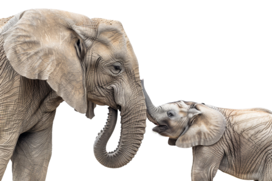 Heartwarming photo of an adult and young elephant interacting with their trunks, showcasing their bond and family connection.