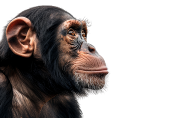 Close-up portrait of a thoughtful chimpanzee against a black background, showcasing detailed facial features and expressive eyes.