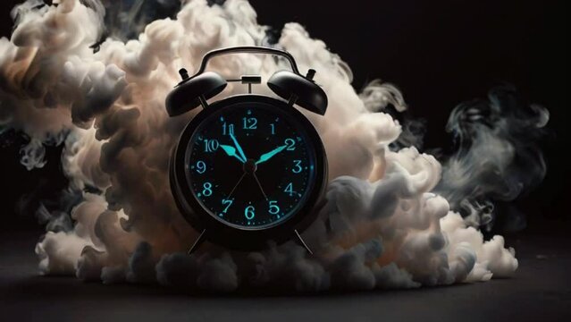 A black alarm clock is sitting on a dark surface. The clock is surrounded by a thick white fog.
