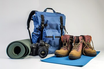 Fototapeta premium Top view of accessories for travel. Equipment for travel and hiking. Survival Items.