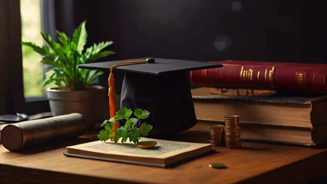 A black graduation cap rests on a closed book. Next to it is a potted plant and two stacks of books. On the table are some loose change and a rolled up paper.