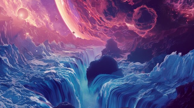interdimensional waterfall flowing through a cosmic landscape , alien landscape with majestic cliffs and celestial orb