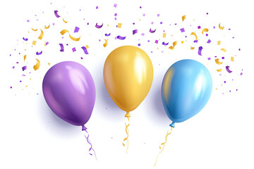 Air balloons Purple, yellow and blue simple birthday design, isolated on white background with festive confetti. with empty copy Space