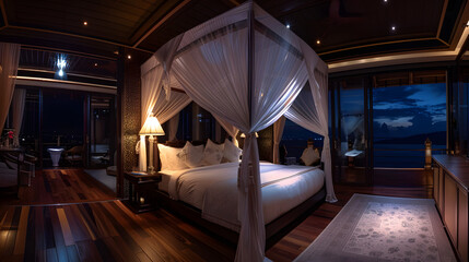 a bedroom of a honeymoon suite on the top floor at a hotel, night sky