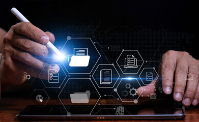 Document Management: Businessman holds global business globe with network connected to Document Management, Information Retrieval, Streamlined Workflow Processes