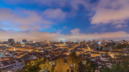 Panorama showing aerial view of downtown of Lisbon day to night transition timelapse, Portugal.