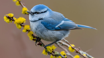 A small blue bird sitting on a branch with a natural background and small mossy trees