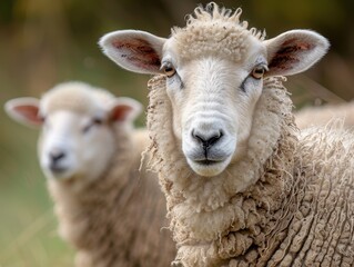 Naklejka premium Close-up portrait of two sheep in a field, showcasing their fluffy wool and gentle expressions. Ideal for rural themes, farm life visuals, and nature photography.