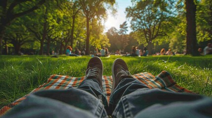 Relaxing in Nature: Person Enjoying Leisure Time on Blanket in Lush Park Setting