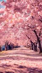 Enchanting spring park  sakura cherry blossom alley with blooming pink trees in a scenic setting