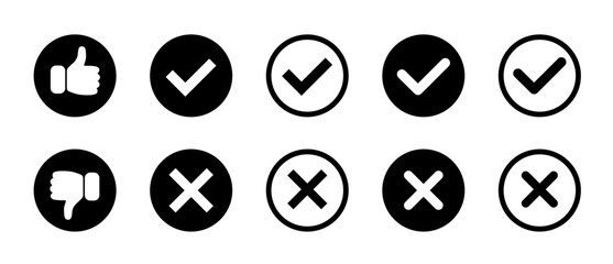 Thumb up and thumb down sign. Check mark and cross mark icon set. Vector illustration