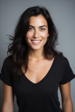 a Beautiful smiling italian woman 28 years old with black hair, black v-neck women's t-shirt