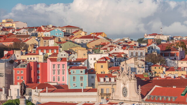 Colorful houses and residential buildings timelapse in Arroios district Lisbon, capital city of Portugal.