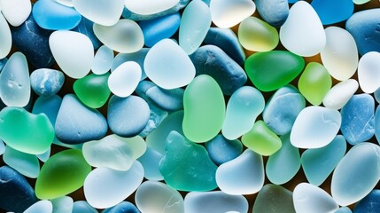 Bright, colorful glass gems glistening in the sunlight on a sandy beach with ocean backdrop