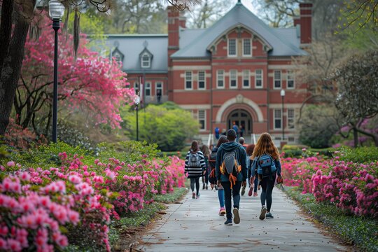 Students stroll past pink azaleas on the NC State campus in Raleigh, North Carolina