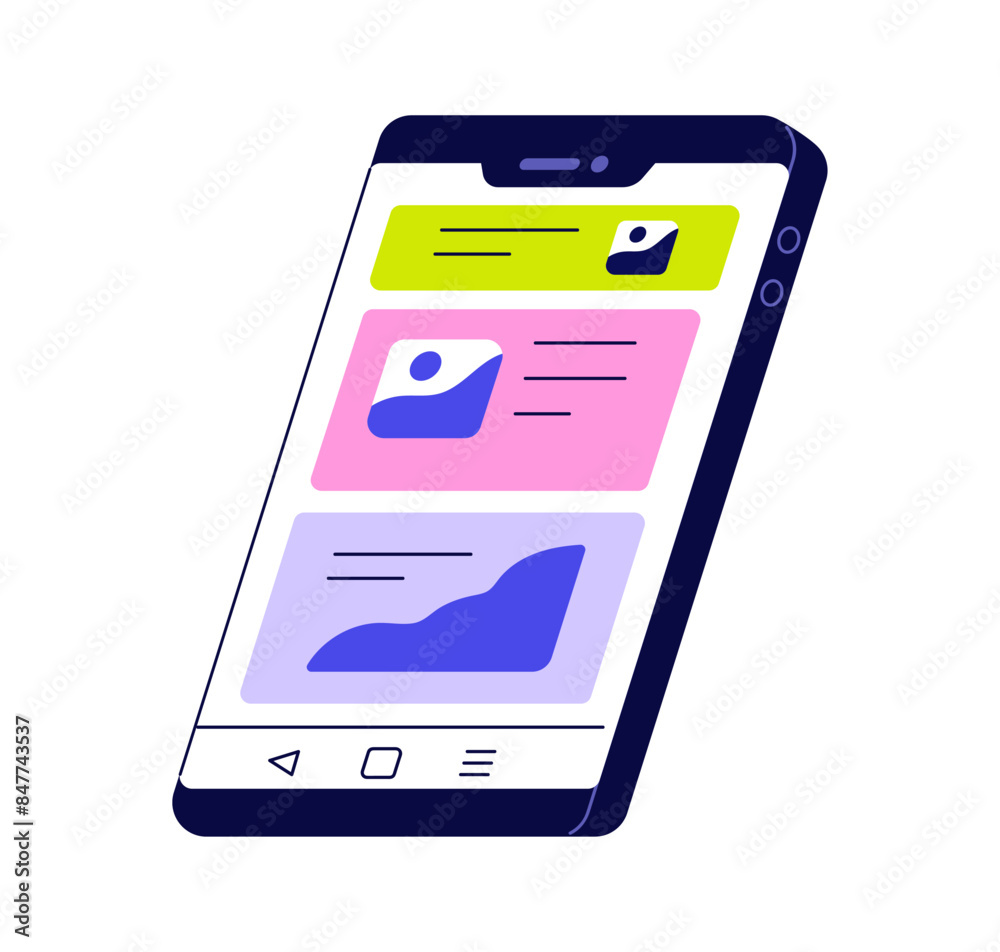 Poster Mobile smart phone screen displaying content, user interface. Smartphone with abstract UI design. Online content on cellphone, cell gadget. flat vector illustration isolated on white background