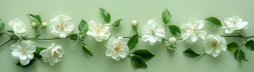 Obraz premium Minimalist floral arrangement with white flowers and green leaves on a light green background, perfect for elegant designs