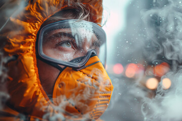 A close-up shot of a person wearing a protective mask, glasses and orange hooded jacket in a polluted environment.