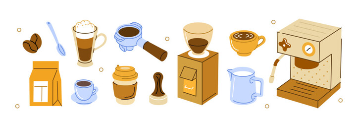 Coffee brewing equipment set. Collections of coffee grinder, portafilter, milk pitcher, espresso machine and other barista supplies. Hand drawn doodle. Vector illustration.