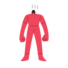 Angry furious character. Aggressive mad fierce expression, emotion. Red person in rage, anger, irritation, tension. Irritated man, bad temper. Flat vector illustration isolated on white background