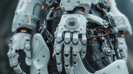 Fototapeta premium A close-up view of a person wearing an exoskeleton suit, showcasing the intricate details of the mechanical joints and integrated technology, against a futuristic backdrop.