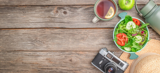 Food of vacation nutrition, tourism, healthy snack. lunch box on wooden table background