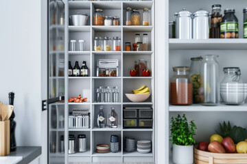 An impeccably organized pantry area displays neatly aligned jars and containers, streamlining kitchen storage with aesthetic charm.
