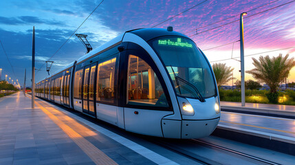 Modern Tram at Sunset: Urban Transportation and Travel in a Beautiful Cityscape.