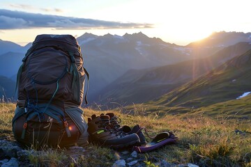 Fototapeta premium Travel background of free space for your decoration with backpack on stone.