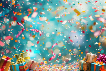 Festive Celebration Background with Balloons, Gifts, and Rainbow Confetti