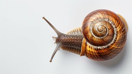 Detailed close up of a snail from a top view on a white background for observation purposes, pest animal concept, wide banner, empty space