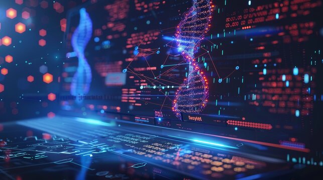 An illustration showing the process of bioinformatics, with a computer screen displaying complex genetic data being analyzed for insights into biological systems.