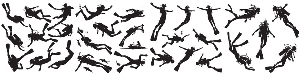 vector set collection of diving people with silhouette style