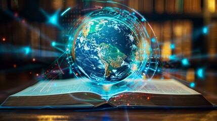 An open book with a holographic globe and digital light trails, conveying the concept of global connectivity through technology
