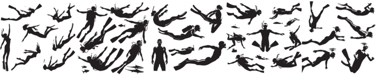 vector set collection of diving people with silhouette style