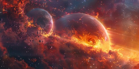 Fototapeta premium An intense space scene with a burning planet and a smaller moon, amidst a field of cosmic debris and glowing nebula