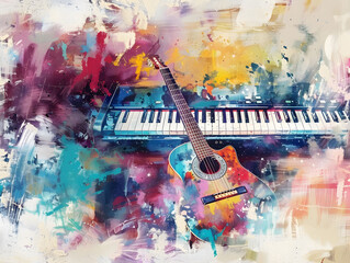 Abstract colorful guitar and piano keyboard on watercolor illustration painting background Oil color painting. Generative AI.