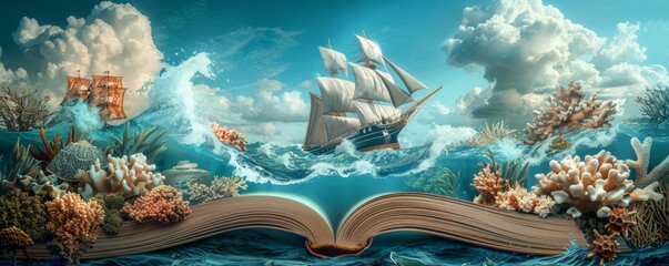 An artistic depiction of an open book with a sailing ship and sea life emerging from its pages