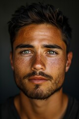 Obraz premium AI generated illustration of a close-up portrait of a male model with freckles and green eyes