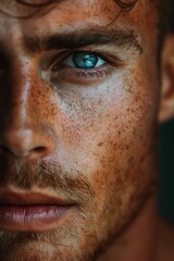 Fototapeta premium AI generated illustration of a close-up portrait of a male model with freckles and blue eyes