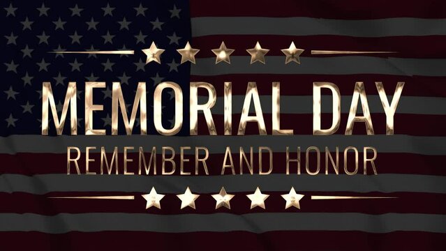 Happy Memorial Day golden text with cinematic blur animation on United States flag background. Perfect for celebrating US Memorial Day.